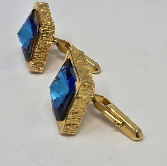 VINTAGE 1960S GOLD TONE BLUE RIVOLI CUFFLINKS MENSWEAR CLASSIC 1" SQUARE MCM - Picture 4 of 11